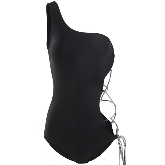 Vixen One-Piece Swimsuit | Black One-Shoulder Cutout Rope-Tie Bathing Suit - Picture 7 of 7